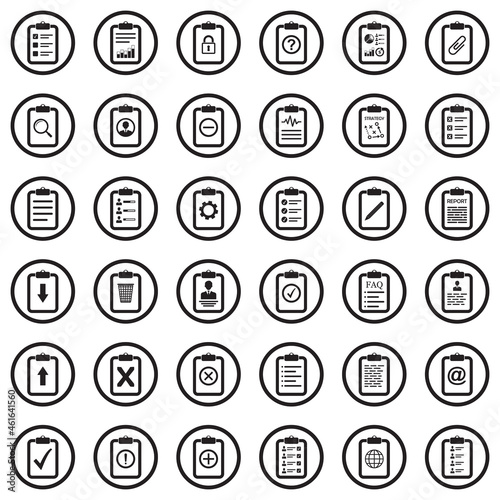 Clipboard Icons. Black Flat Design In Circle. Vector Illustration.