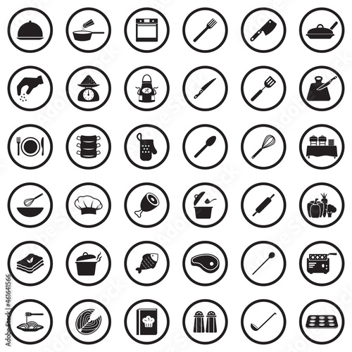 Chef And Cooking Icons. Black Flat Design In Circle. Vector Illustration.