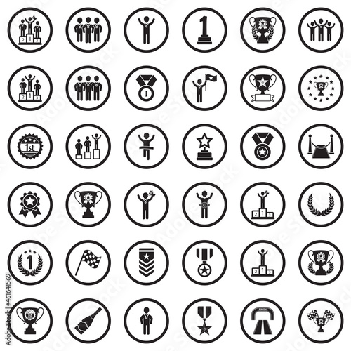Champion Icons. Black Flat Design In Circle. Vector Illustration.