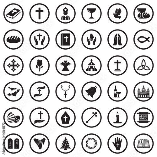 Christianity Icons. Black Flat Design In Circle. Vector Illustration.
