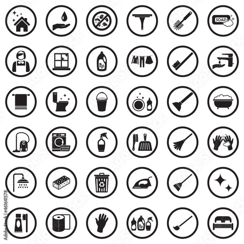 Cleaning Icons. Black Flat Design In Circle. Vector Illustration.