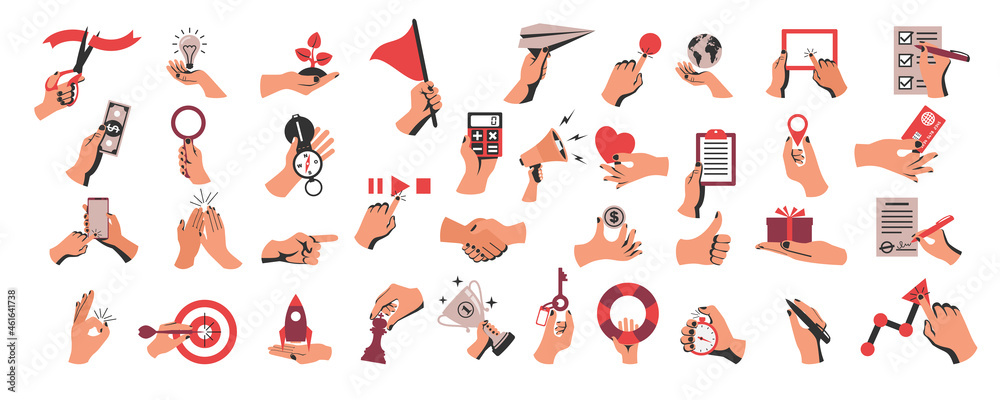 Set of colored hands with objects. Collection of hand gestures. Business elements, documents and digital devices. Money and credit card. Vector illustration flat design. Isolated on white background - obrazy, fototapety, plakaty 