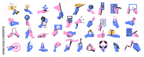 Set of colored hands with objects. Collection of hand gestures. Business elements, documents and digital devices. Money and credit card. Vector illustration flat design. Isolated on white background.