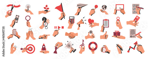 Set of colored hands with objects. Collection of hand gestures. Business elements, documents and digital devices. Money and credit card. Vector illustration flat design. Isolated on white background