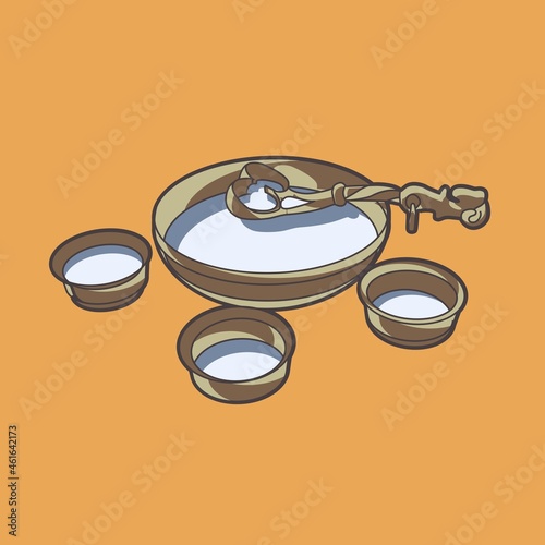 A wooden drink and a cup. Inside the cup is a milk drink. National service of the nomadic people. White background. Vector. photo