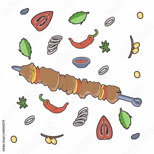 Food composition: shish kebab, mint, seasoning, chopped onion, raisins, chopped tomato. White background. Vector.