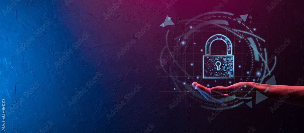 Cyber security network. Padlock icon and internet technology networking. Businessman protecting data personal information,virtual interface. Data protection privacy concept. GDPR. EU.digital crime