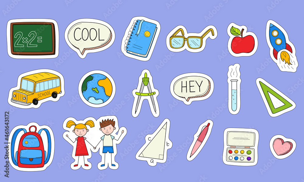 School stickers with a white outline. Printable scrapbooking sticker set. Collection of school stationery items in doodle style. Hand colored elements