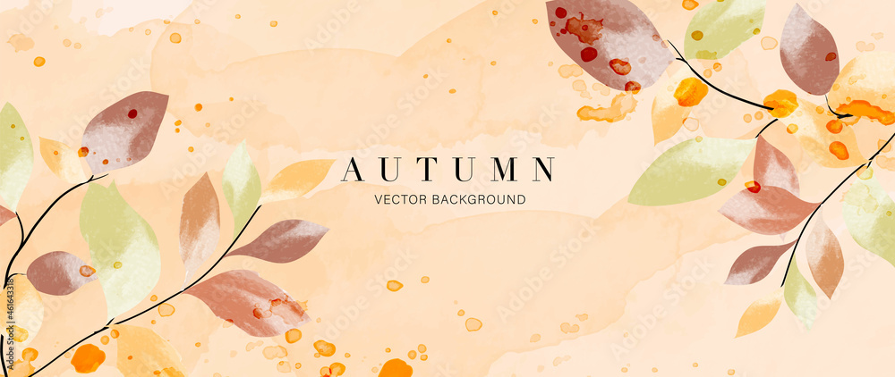 Autumn background vector. Hand painted watercolor and gold brush texture, Flower and botanical leaves hand drawing. Abstract art design for wallpaper, wall arts, cover, wedding and  invite card.   - obrazy, fototapety, plakaty 