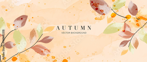 Autumn background vector. Hand painted watercolor and gold brush texture, Flower and botanical leaves hand drawing. Abstract art design for wallpaper, wall arts, cover, wedding and  invite card.  