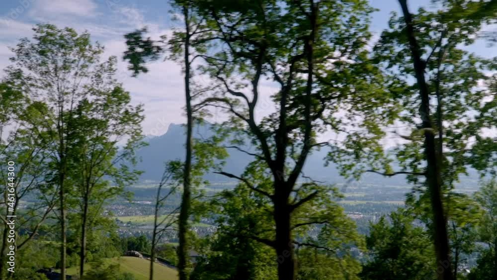 wide side shot of the mountains of Austria where you can see the snow-capped mountains in the background while recording from a car and passing the trees in the foreground wide side shot of the mountains of Austria where you can see the snow-capped mountains in the background while recording from a car and passing the trees in the foreground