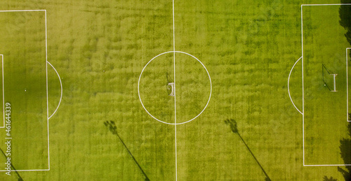 Soccer field as seen from a flying drone. High viewpoint.