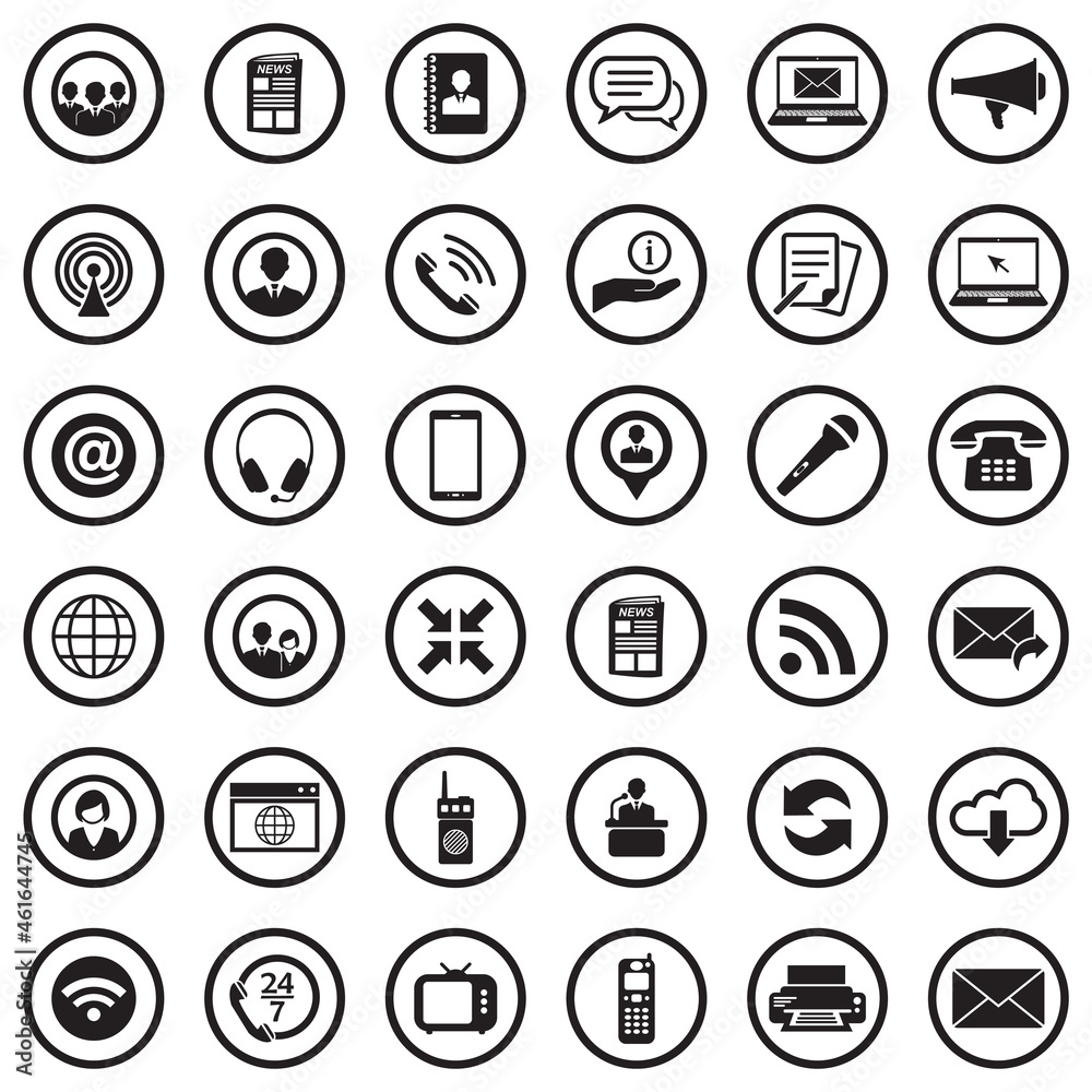 Communication Icons. Black Flat Design In Circle. Vector Illustration. Communication Icons. Black Flat Design In Circle. Vector Illustration.