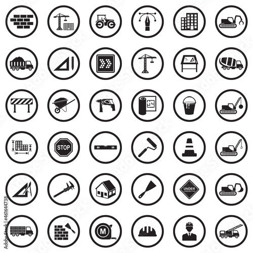 Construction Icons. Black Flat Design In Circle. Vector Illustration.