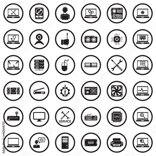 Computer Repair Icons. Black Flat Design In Circle. Vector Illustration.