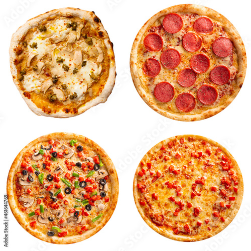 Isolated collage of various types of pizza on white