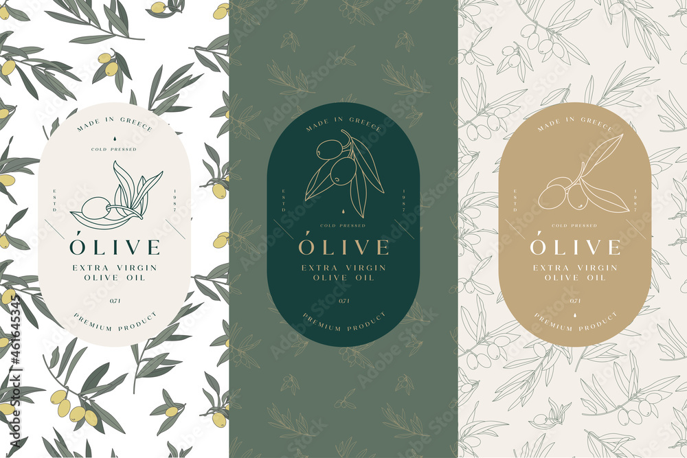 Vector set labels with olive branch - simple linear style. Emblems composition with olives and typography. Seamless pattern.