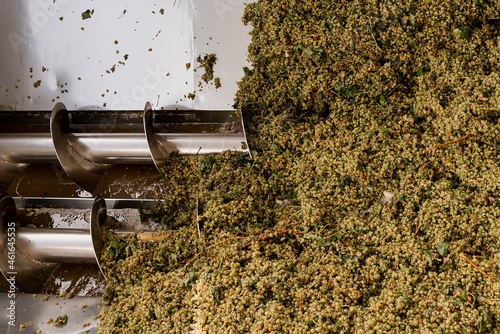 Top view of modern winery with steel barrels and mechanical destemmer crushing white grapes photo