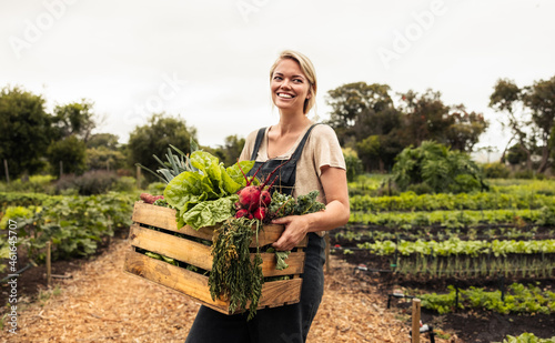 Fotografi Happy female farmer holding a box with fresh produce