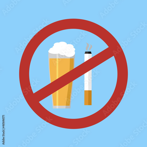 Stop smoking and drinking alcohol habits concept vector illustration. Prohibited sign for beer and cigarettes.