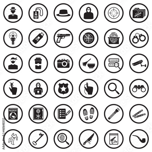 Detective Icons. Black Flat Design In Circle. Vector Illustration.