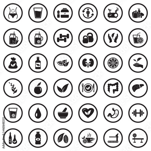 Detox Icons. Black Flat Design In Circle. Vector Illustration.