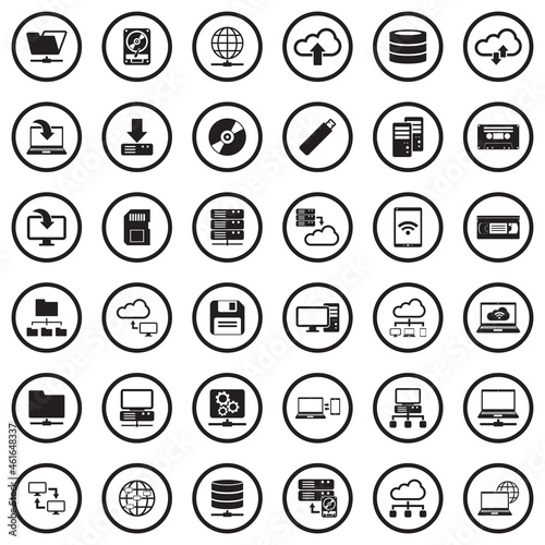 Data Storage Icons. Black Flat Design In Circle. Vector Illustration.