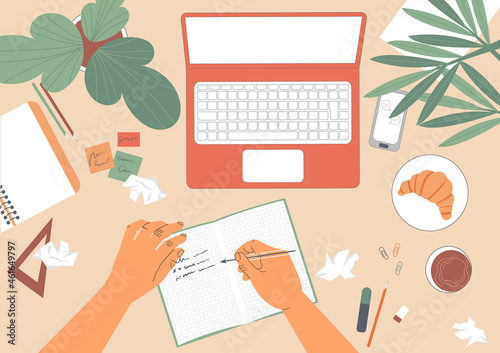 Top view of a teenager's hands are writing in a notebook at the table in front of a laptop. Schoolchildren's homework. Flat vector illustration
