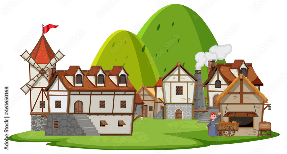 Ancient medieval village isolated on white background