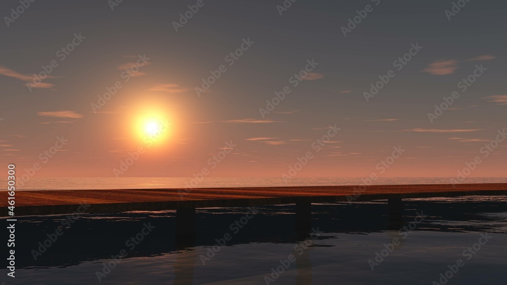 Bridge at sunset, lake at sunrise, river in the sun, 3D rendering