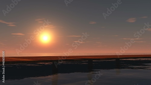 Bridge at sunset, lake at sunrise, river in the sun, 3D rendering