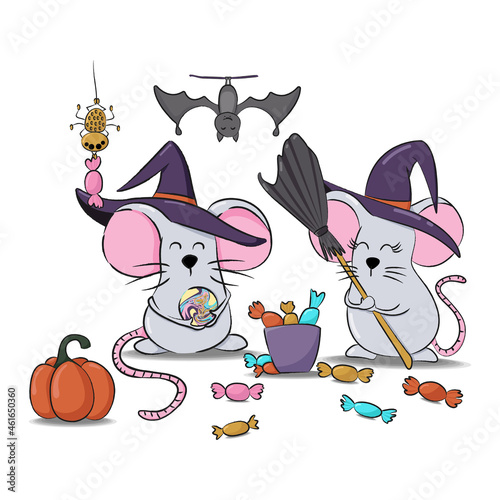 Halloween mice with bat, spider and sweets illustration.