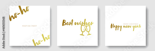 Christmas white and gold social media templates, square web banners with festive idea, golden typography, elegant and clean, metallic texture, minimalist instagram and facebook post layouts