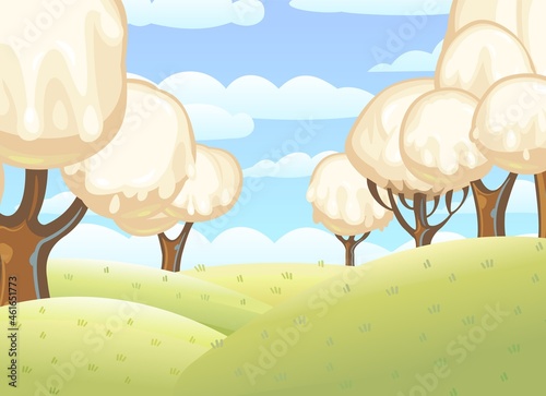 Fabulous sweet forest. Ice cream  drips of white milk cream. Clouds. Trees with chocolate trunks. Cute hilly landscape for children. Beautiful fantastic illustration. Vector