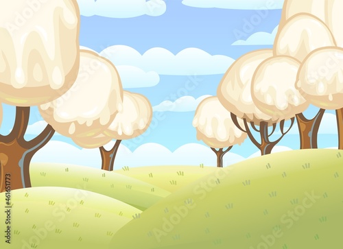 Fabulous sweet forest. Ice cream, drips of white milk cream. Clouds. Trees with chocolate trunks. Cute hilly landscape for children. Beautiful fantastic illustration. Vector