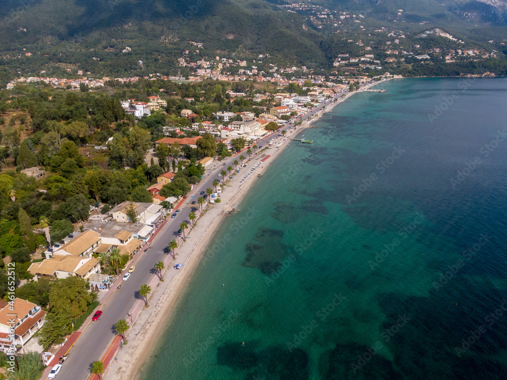 Aerial drone photo of famous ipsos beach, island of Corfu, Ionian, Greece