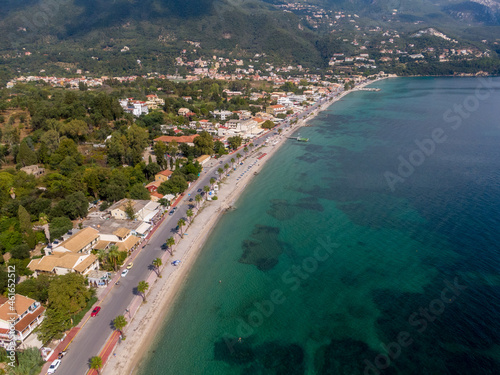 Aerial drone photo of famous ipsos beach, island of Corfu, Ionian, Greece