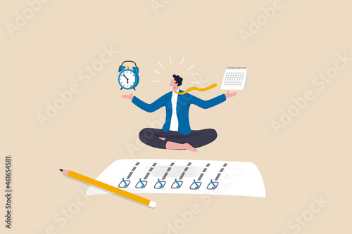 Self discipline or self control to complete work or achieve business target, time management to increase productivity concept, businessman meditate balancing clock and calendar on completed task paper
