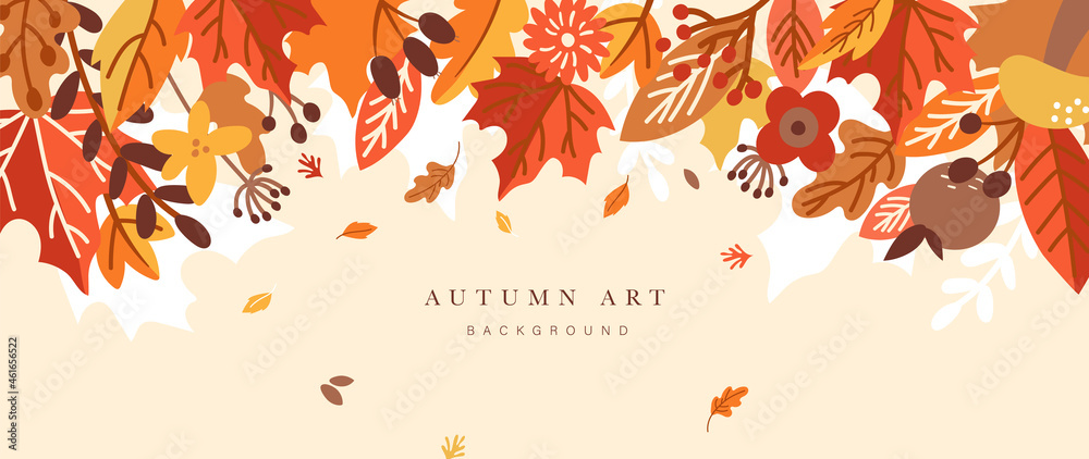 Autumn background vector. Autumn shopping event illustration wallpaper with hand drawn icons set. This design good for banner, sale poster, packaging background and greeting card. - obrazy, fototapety, plakaty 
