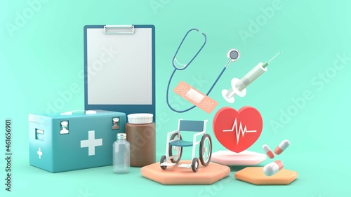 .Wheelchairs, heartbeat, Medication Capsules, Syringes, Medicine Box, and Stethoscope on pink Hexagon on a blue background.-3d rendering.