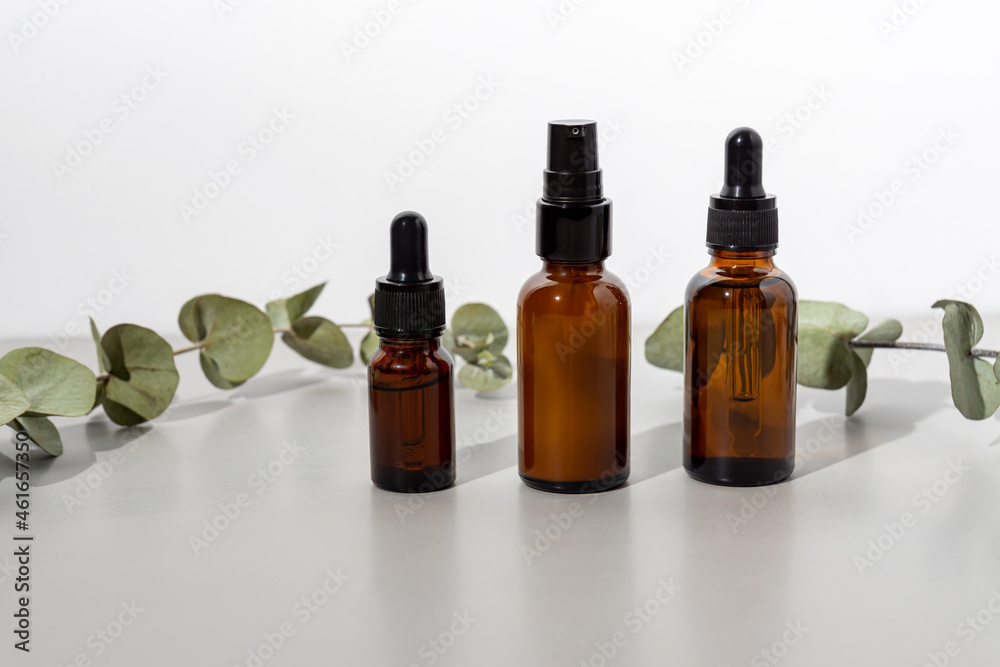 Set of natural organic cosmetics with eucalyptus essential oil . Alternative medicine concept, Mock up for brands of eco friendly cosmetics