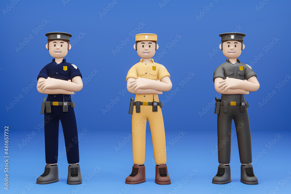 3D cartoon character Policeman in standing pose isolated on the blue background - 3D illustration