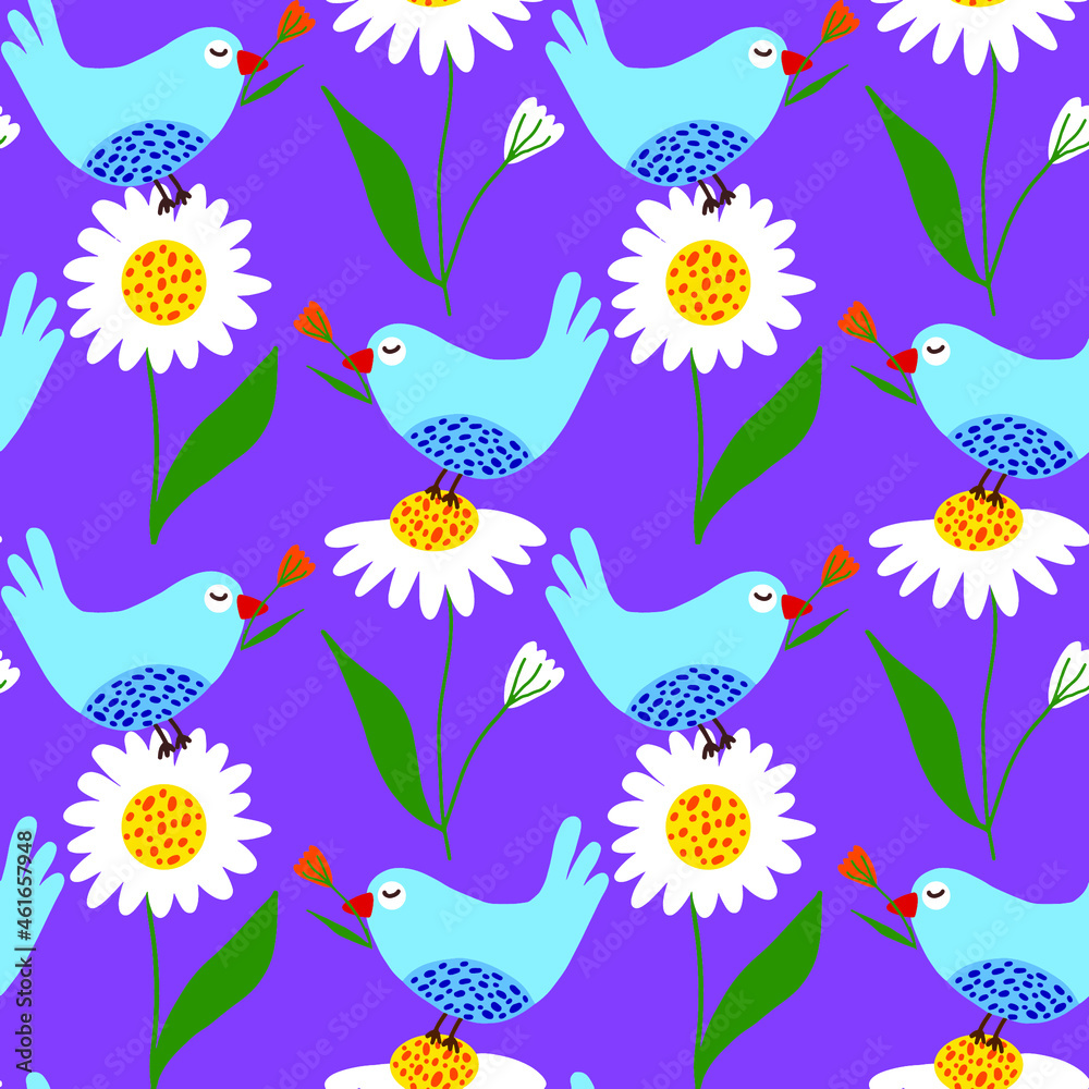 Obraz premium Abstract Hand Drawing Cute Birds Pigeons and Daisy Camomile Flowers Leaves Seamless Vector Pattern Isolated Background