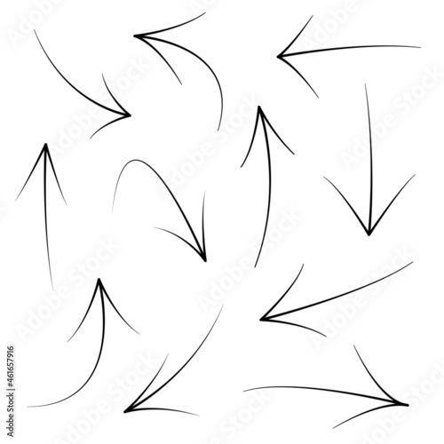 Set of black directional pencil sketch symbols of doodle hand-drawn arrows. for web design graphics on white background. Vector illustration