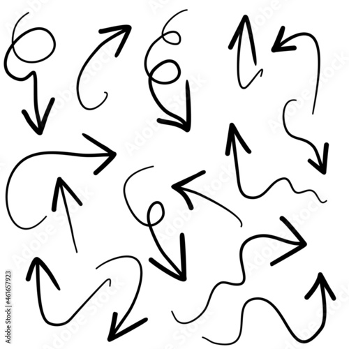 Set of black directional pencil sketch symbols of doodle hand-drawn arrows. for web design graphics on white background. Vector illustration