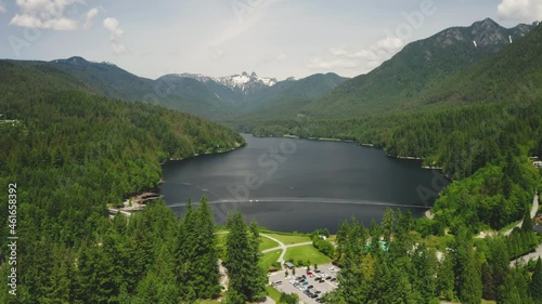 Aerial view of the spectacular mountain scenery around Capilano Lake in North Vancouver. photo