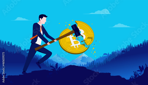 Destroying Bitcoin - Financial business man hating crypto currency and smashing coin with sledge hammer. Vector illustration