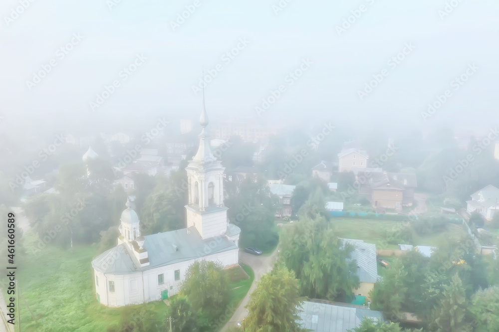 church fog top view, drone in vologda, landscape religion europe church fog top view, drone in vologda, landscape religion europe
