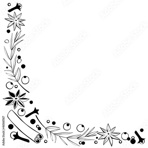 Vector corner element made of Christmas winter outline spices in doodle style. Xmas background, frame, decor with seasonings. For desserts, hot mulled wine, cookies, template of menu, recipes