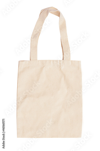 Eco Friendly Beige fabric Tote Bag Isolated on White Background. Reusable Bag for Groceries and Shopping.